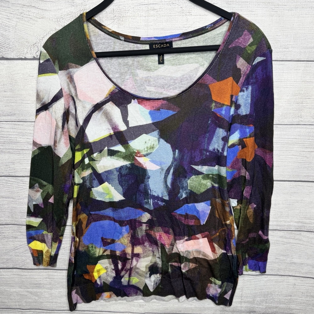 Escada Scoop Neck Knit Watercolor Fantasy Long Sleeve Top Blouse Medium